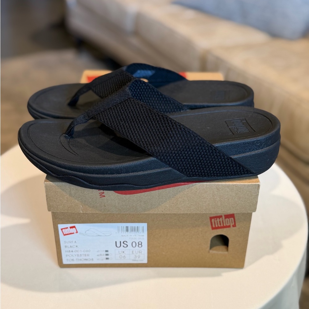 Fitflop Surfa Black Textured Cloth Strap Toe Post Sandals Flip Flops US 8 EUR 39